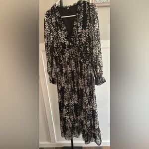 Black Floral Chiffon Midi Dress Ruffle V-Neck Long Sleeve Size M